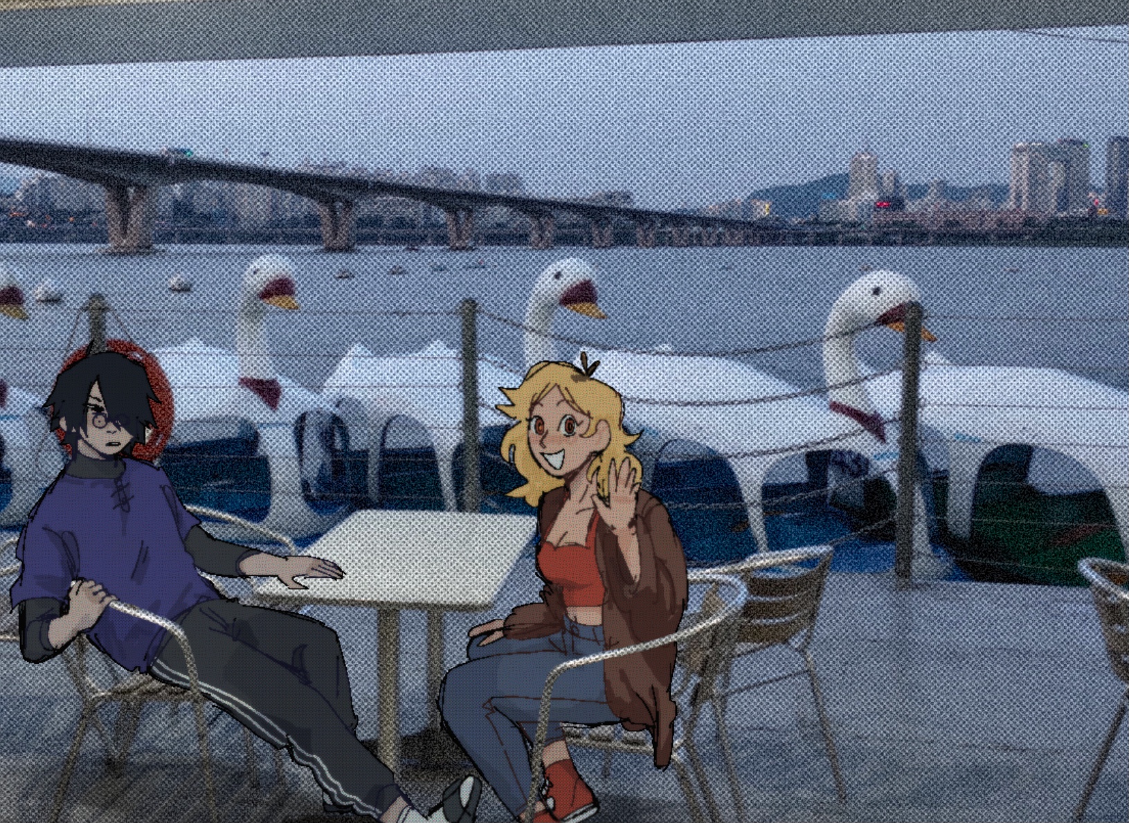 A grainy picture of Sado and Aria sitting at a table. Sado looks annoyed, while Aria waves at the camera. Behind them is a line of small swan boats in the ocean, and a bridge and the city can be seen in the distance. The characters are drawn but the background is an edited photograph.